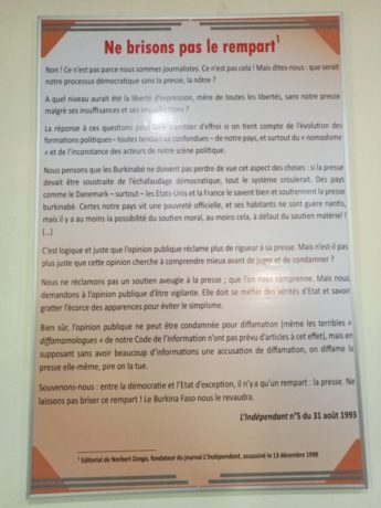 «Ne brisons pas le rempart », l'éditorial de Norbert Zongo qui sera désormais affiché dans la salle Henri Sebdogo au Centre national de presse Norbert Zongo 