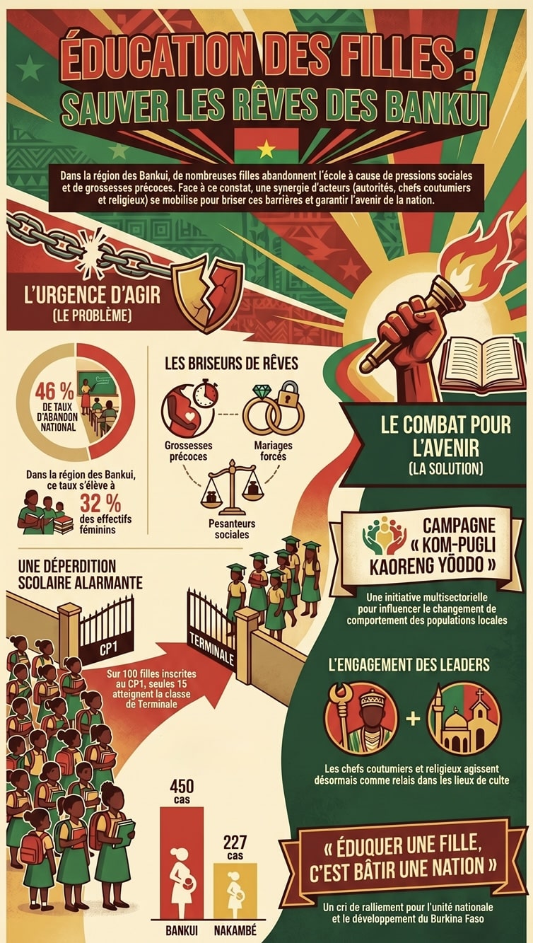 Visuel sur l'urgence d'agir pour l'éducation des filles dans les Bankui