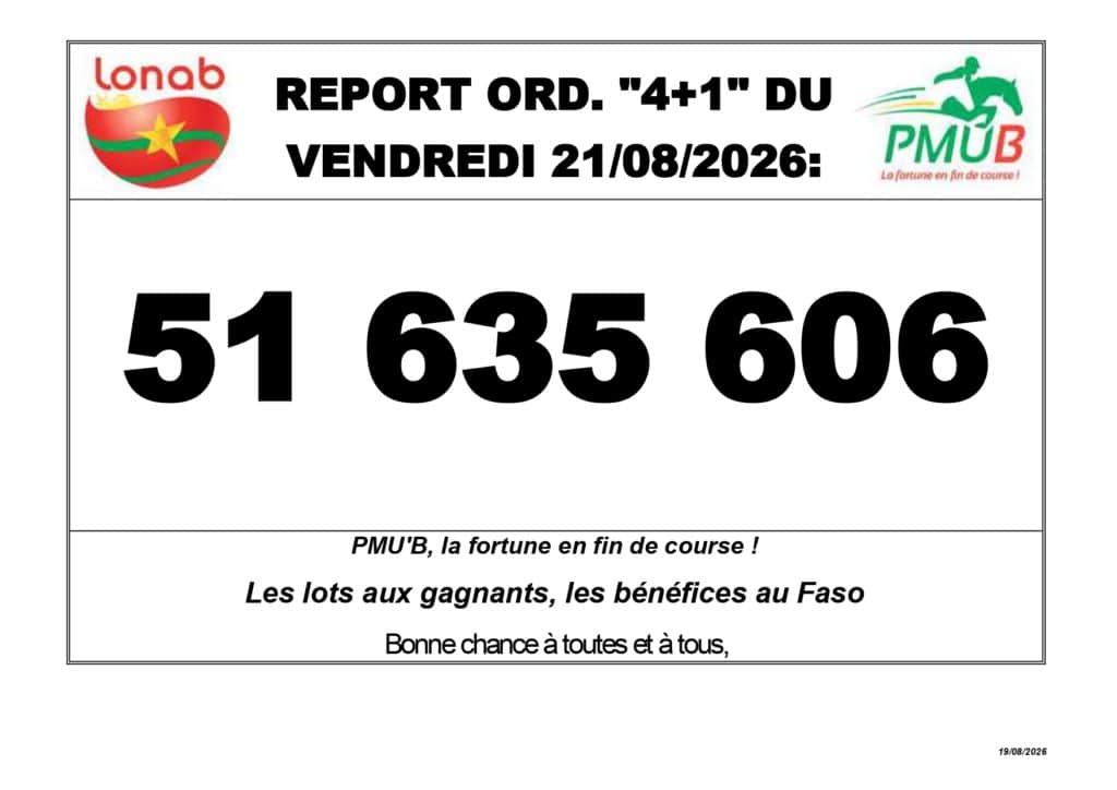 Communiqué | PMU’B : un gain de 51 635 606 FCFA au « 4+1 » du vendredi 21 août 2026